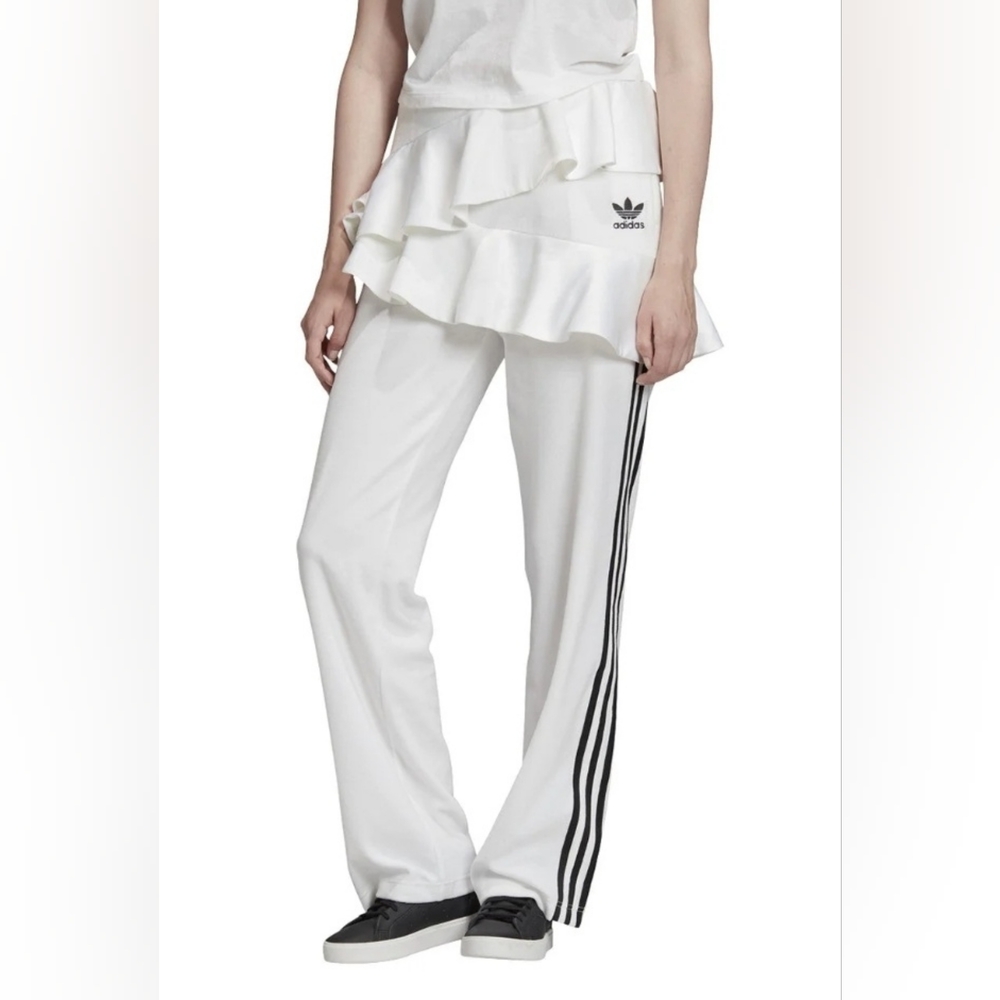 Adidas X J KOO Originals Women's Velour White Joggers w/ Satin Ruffle Detail